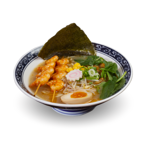 Horu-ebi-shoyu-ramen - Brodo di carne e verdure con salsa shoyu, spiedino di gamberi, spinacino, mais, germogli di soia, bambù, uovo marinato, cipollotto e katsuobushi