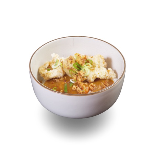 Horu-karaage-curry-don-Riso, pollo fritto, salsa curry giapponese, cipollotto e cipolla fritta