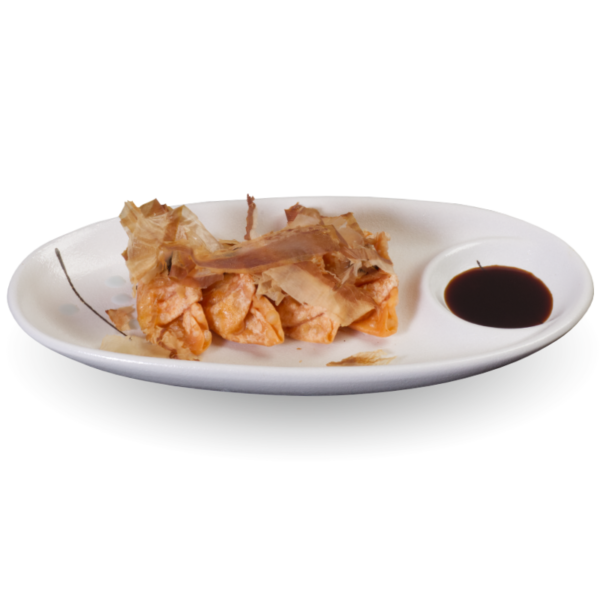 Horu-snacks-gyoza-gamberi - Ravioli di gamberi e verdure fritte con salsa tonkatsu e salsa al tartufo, Katsuobushi