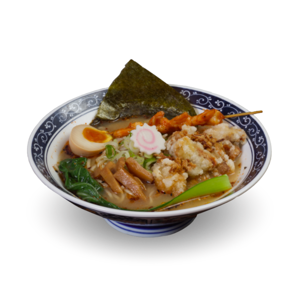 Horu-spicy-ebi-karaage-miso-ramen - Brodo di carne e verdure, con salsa miso, salsa piaccante, pollo fritto, spiedo di gamberi fritti, germogli di soia, pak choi, surimi Naruto, uovo marinato, bambù, cipollotto e cipolla fritta